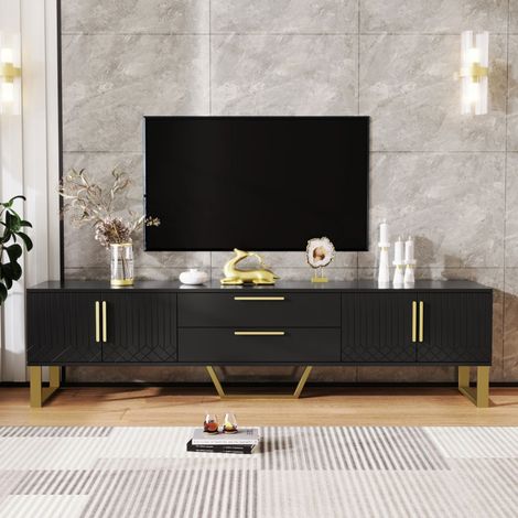 Meuble TV laqué brillant, poignées et pieds dorés, porte gravée, rangement élégant et luxueux pour salon - 170x40x53,5cm - Noir (1/5)