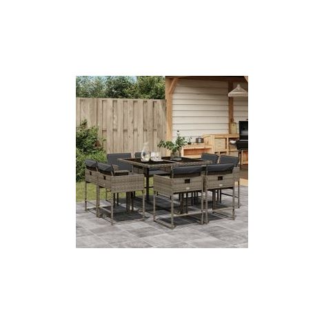 Ensemble à manger de jardin 9 pcs coussins gris résine tressée (1/5)