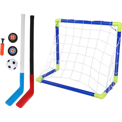 Filet de but 2 en 1 pour enfants, kit football et hockey sur glace avec ballons et pompe, jouets d'entraînement sportif en plein air (1/5)