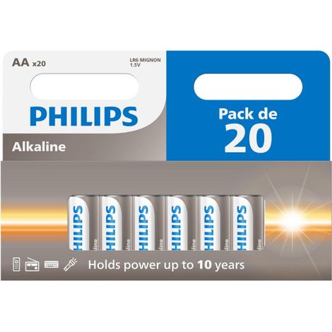 Philips – Lot de 20 piles alcalines AA 1,5V – Longue durée de vie jusqu'à 10 ans – Exemptes de métaux lourds – Compatibles avec appareils standards