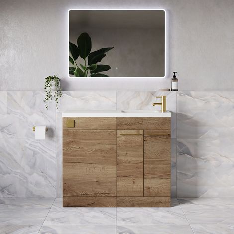 Napoli 250 Tobacco Oak 1000mm 2 Door Vanity Unit Toilet Suite with Round Silvo Basin - 1000mm - Brushed Brass 160mm HandleWithout Jubilee Toilet Pan