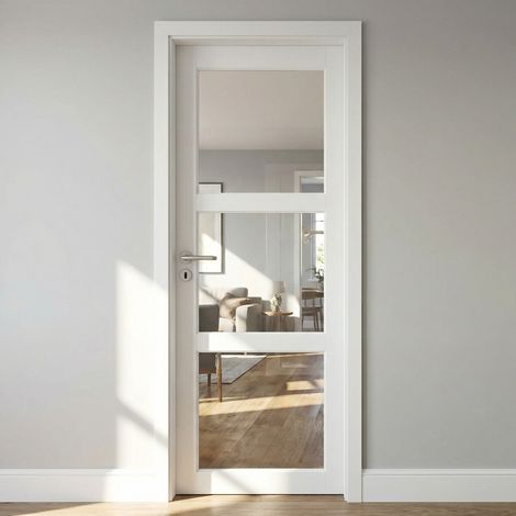 Bloc Puerta Kenya Blanco Vidrio Transparente H204 x L73 cm Borde Tabla P.derecha, manija Pomerol GD MENUISERIES