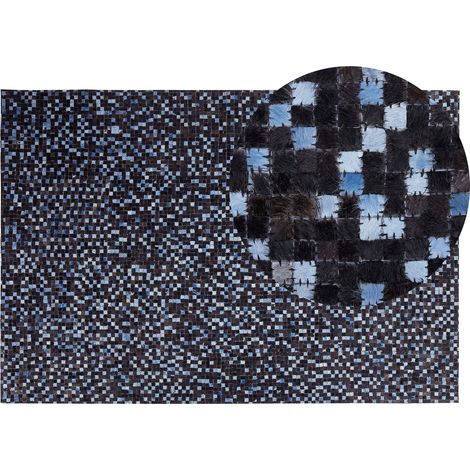 Alfombra de piel genuina de vaca marrón y azul rectangular 140 x 200 cm patchwork boho Ikisu