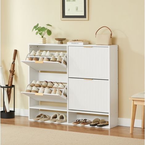 Schmaler Schuhschrank 120 x 24 x 102 cm, Weiß, mit Klapptüren und Kippschutz (1/5)