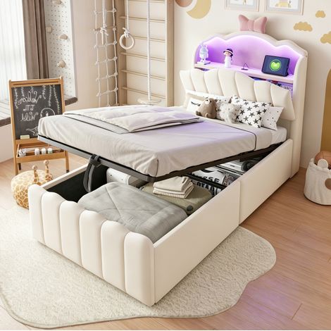 Cama infantil tapizada 90 x 200 cm con almacenaje hidráulico, cabecero LED USB/USB-C, beige OKWISH (1/5)
