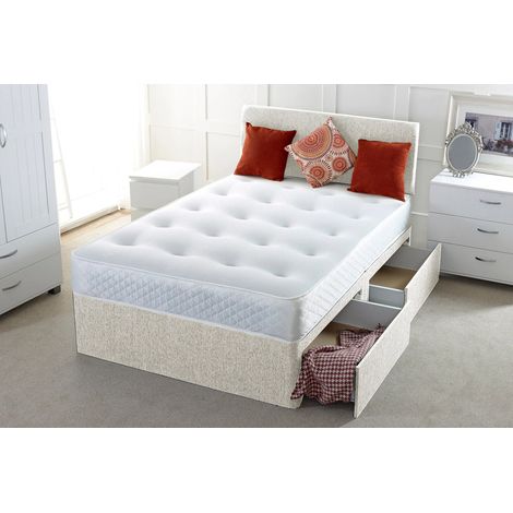 5FT King Cream Plain Chenille Divan Bed Set with Mattress & 2 Drawers
