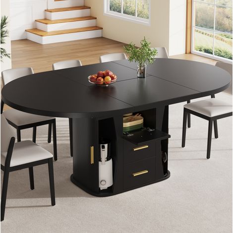 Table extensible ronde à ovale 118-158 cm en MDF, noire, 6 personnes OKMYHOME (1/5)