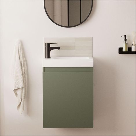 Mob-In – Meuble lave-mains suspendu avec robinet noir mat – Vasque en céramique réversible – Porte battante à fermeture progressive – Gain de place