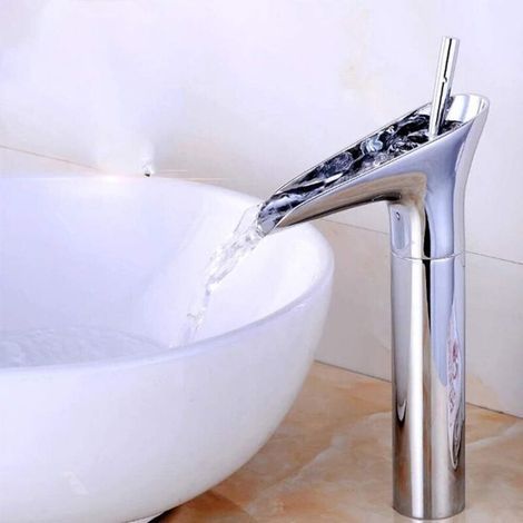 Robinet d'évier de salle de bain de style cascade huile frotter bronze poignée simple trou poignée en argent (1/4)