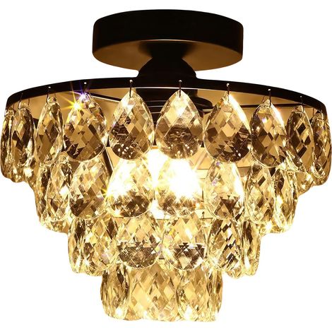 Plafonnier cristal 25 cm, petite plafonnière noire avec pampilles, lustre de plafond pour couloir chambre salon, sans ampoule