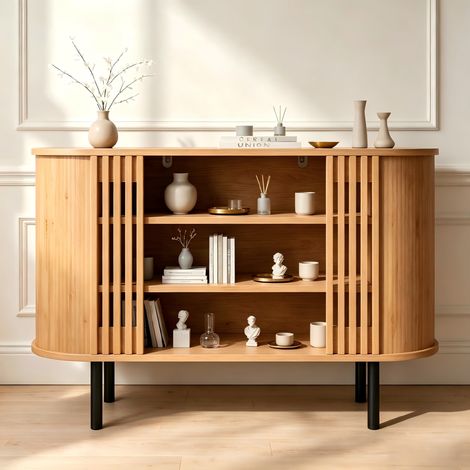 Buffet Meuble de Rangement Ouvert 3 Niches, Bois Naturel 120x40x80cm Pieds Métal, pour Salon et Salle à Manger (1/5)