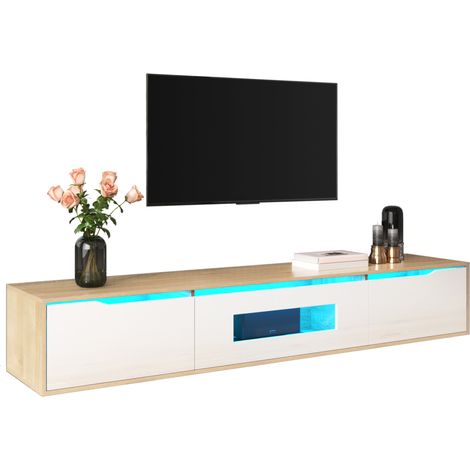 Banc TV 180 cm, laqué blanc et bois à éclairage couleur, banc télévision blanc et bois en panneaux de particules, vitrine, niches et porte fermée, meuble TV moderne pour salon et séjour (1/5)