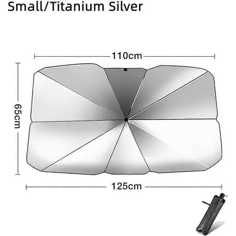 Pare-soleil de pare-brise de voiture, type parapluie, pour protection solaire estivale, tissu isolant thermique, couleur argent titane. (1/5)