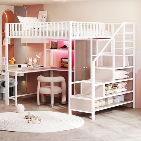 Letto a soppalco 140x200 cm bianco in metallo con scrivania e armadio (1/5)