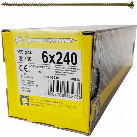 Boîte de 100 vis à tête fraisée 6 x 240 – Empreinte Torx – Pour bois dur et panneaux – Vissage rapide en série – Domax