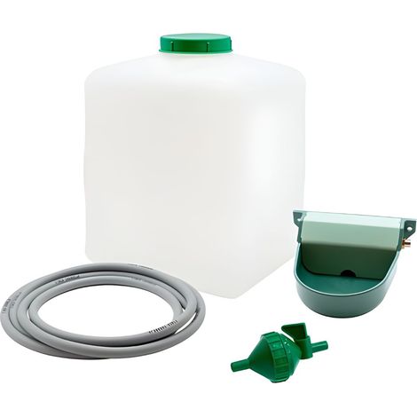 Kit bebedero grande automático para animales, perros, gallinas, faisanes -Incluye depósito fabricado en plástico + tubo + bebedero automático de plástico + llave y filtro - 20 L con regulador