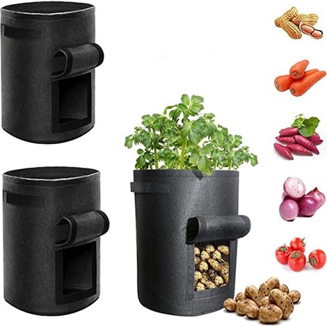 Potato Planter Bag 3 Pcs Round Grow Bag 5/10 Gallons Vegetable Plant Bag with Flap and Handles for Potato, Tomato, Carrot (5 Gallon, Black) (1/5)