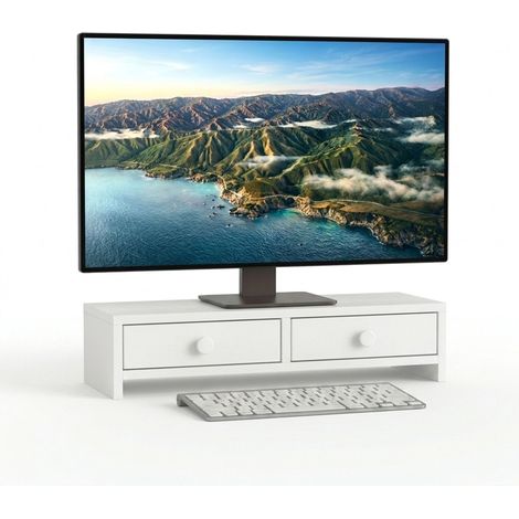 Relaxdays Monitorständer, 2 Schubladen, HxBxT: 12,5 x 47 x 18 cm, MDF, Monitorerhöhung Schreibtisch, PC Ständer, weiß (1/5)