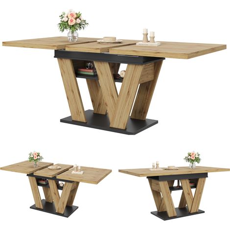 CHICFURN Mesa de comedor extensible 119-158,5 x 80 x 75 cm MDF negro y natural, almacenaje (1/5)