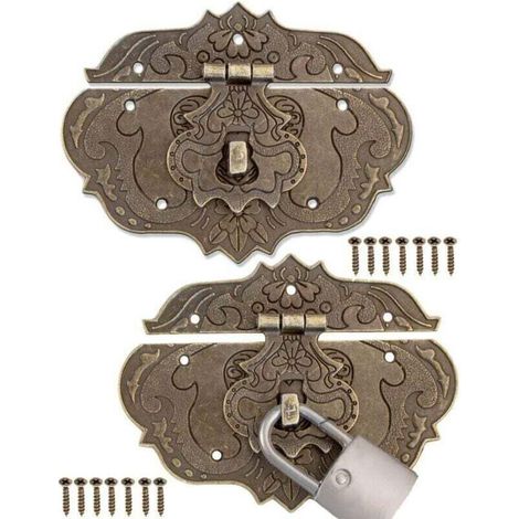 Fermeurs de meubles vintage en bronze, lot de 2 pièces, dimensions 96 x 72 mm, avec vis incluses, pour coffres, caisses et rideaux (1/4)