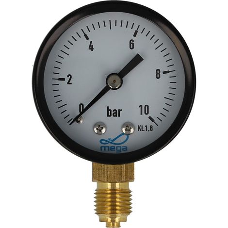 MEGA Druckmanometer 0 - 10 bar - 1/4 Zoll Anschluss nach unten Radial Ø 50 mm (1/3)