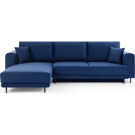 Canapé d'angle convertible velours DAVINA - Coffre et pieds métal noir angle gauche-Bleu nuit-angle gauche (1/5)
