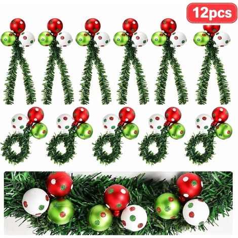 12 PCS Attaches torsadées en pin de Noël, Attaches en pin synthétique de 15.2 cm avec 3 boules rouge, vertes et blanches pour guirlande (1/5)