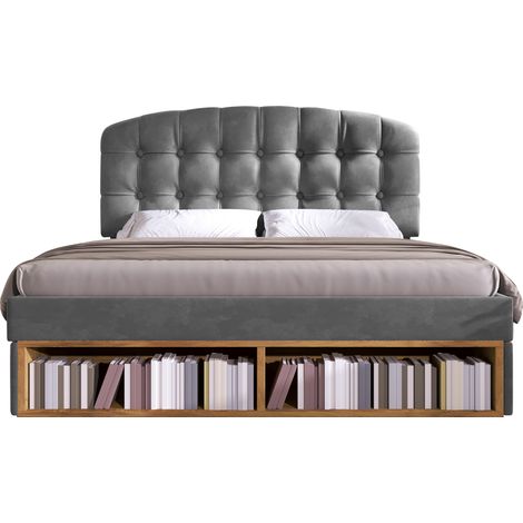 Lit double 140x190 capitonné velours gris avec sommier, tête courbée réglable, tiroirs et rangement, lit chambre, matelas non inclus, gain de place (1/5)