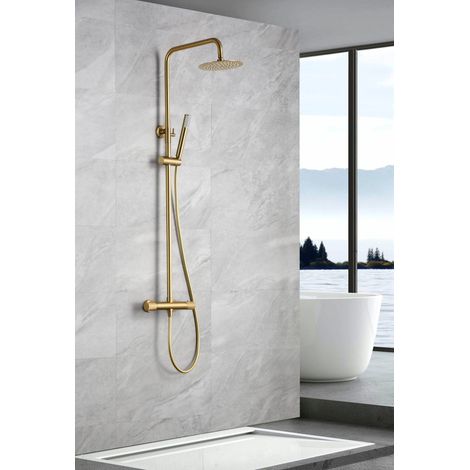 Imex – Colonne de douche thermostatique – Pommeau rond standard – Finition or brossé – Acier et laiton – Compatible avec toutes sources d’eau chaude (1/5)