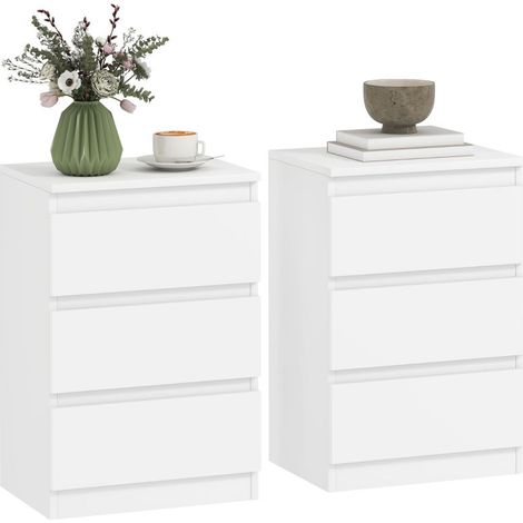 Tables de chevet blanches en set de 2 avec 3 tiroirs, design épuré sans poignées, finition bois élégante. (1/5)