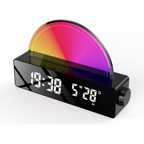 Lampe de Réveil avec Simulation de Lever du Soleil, Snooze/6 Sonneries/10 Sons de Sommeil/Minuterie/Affichage Température, Lampe Atmosphère avec 7 Couleurs Changeantes, Port de Charge (1/4)