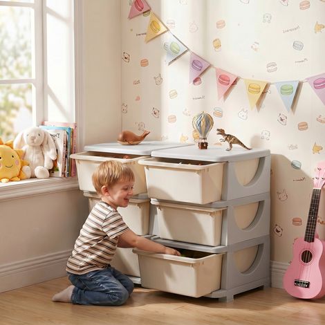 Organisateur de jouets pour enfants à 3 niveaux avec 6 tiroirs, boîtes de rangement en plastique, 75x37x56,5cm, crème (1/5)