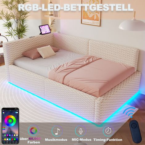 Lit capitonné 90x200 cm avec éclairage led ports usb et usb c tête de lit en l rembourrée coffre hydraulique, tissu velours doux, bois métal, beige (1/4)