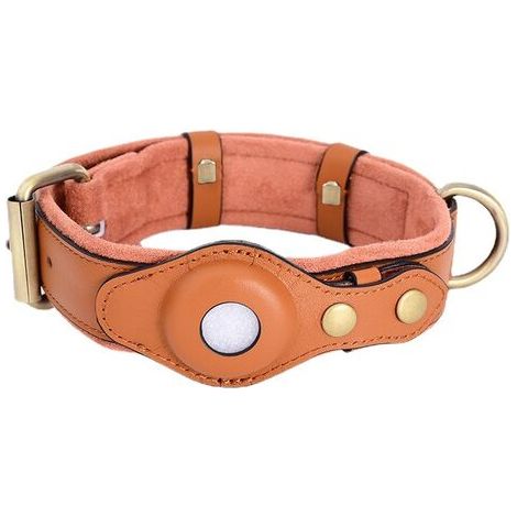Brown - tracer-free, leather dog collar with integrated slot for AirTags, suitable for small and medium-sized breeds. (1/3)