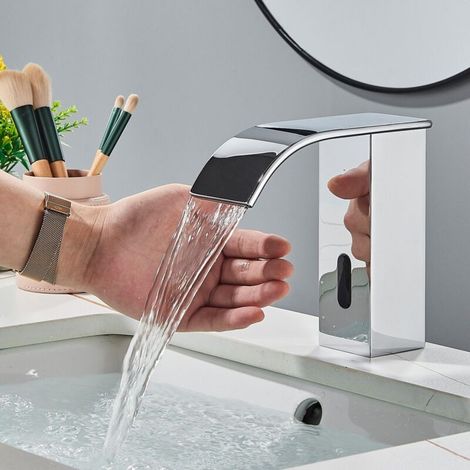 Robinet automatique sans contact pour salle de bain, robinet d'évier de salle de bain alimenté par piles en laiton activé par le mouvement mains libres avec boîtier de contrôle (argenté)