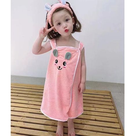 (Taille rose) Serviette de bain absorbante pour enfants avec jupe et bandeau, tissu en mélange coton-polyester, rectangulaire. (1/4)