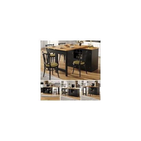 Îlot de Cuisine Extensible Multifonction,Table de bar Rotative 360°Réglable 120-180cm,Avec 2 tiroirs & Portes,Noir (1/5)