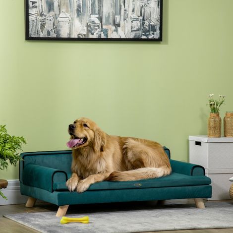 Canapé pour chien chat design scandinave coussin moelleux amovible pieds bois massif 100 x 62 x 32 cm bleu canard (1/5)