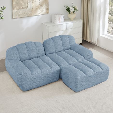 Divano modulare angolare 2 posti con ottomana, senza montaggio, tessuto blu, 210 x 165 x 79 cm (1/5)