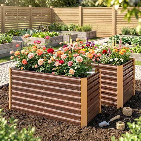 Lot de 2 lits de jardin surélevés carrés potagers cadre en acier galvanisé fond ouvert 120 x 60 x 60 cm effet bois marron
