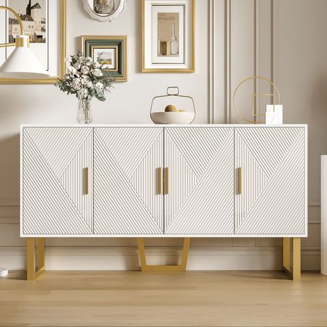 Buffet 150 x 40 x 82 cm, meuble de rangement 4 portes texturées brillantes, étagères réglables, MDF, blanc et doré (1/5)