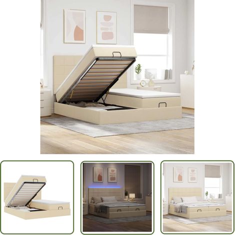Stauraum unter Bett - vidaXL Ottoman-Bett mit Matratzen & LEDs Creme 160x200 cm Stoff - Hydraulischer Heber (1/5)