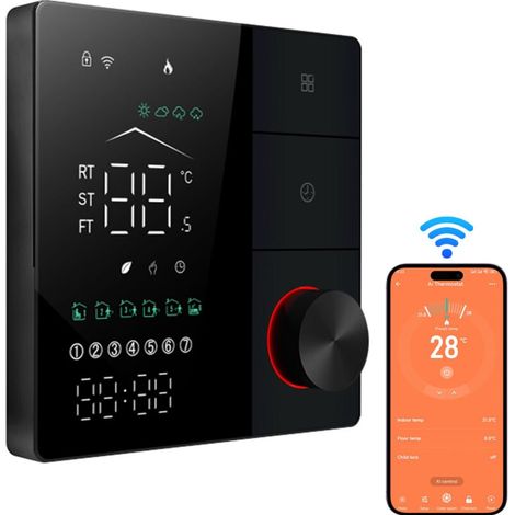 Thermostat WiFi Connecté, pour Chauffage au Sol Électrique Compatible , avec Écran LED Tactile, Commande Vocale et Contrôle à Distance -Noir et Blanc (1/4)