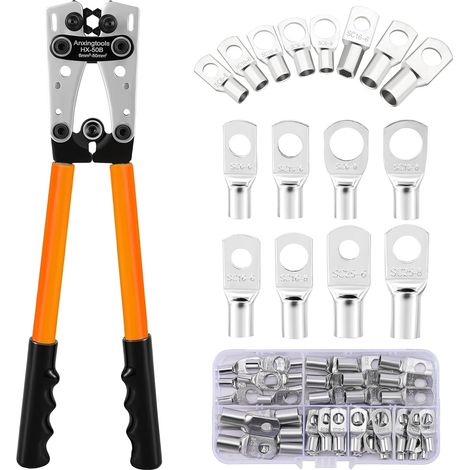 Battery cable crimping tool for 6/10/16/25/35/50 mm² battery copper ring terminals,  heavy-duty wire terminal crimper (Crimper + 60 terminals) (1/5)