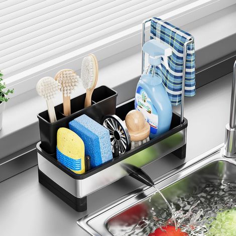 JSSEVN - Kitchen Sink Sponge Holder, Stainless Steel Sink Organizer, Sink Storage Rack with Automatic Drain Tray (Black) (1/5)