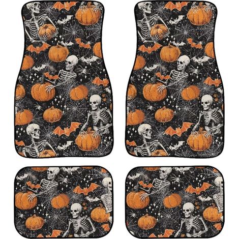 Juego de alfombrillas para coche con diseño de calavera, calabaza y murciélago (4 piezas), unisex, para asientos delanteros y traseros, para todas las estaciones. (1/5)