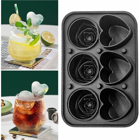 Moule à glaçons 3D en forme de rose et de cœur pour réaliser 6 glaçons géants en silicone, amusants et en forme de grosses boules de glace pour jus de fruits. (1/5)