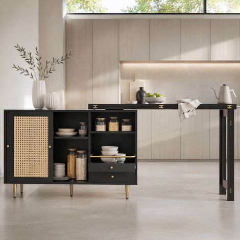 360° drehbares Auszieh-Sideboard mit Stauraum, 107 x 40 x 71,4 cm, schwarz, Rattan-Tür HAVRYA (1/5)