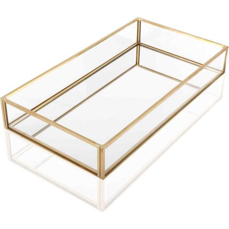 Plateau décoratif rectangulaire avec miroir, doré, pouvant contenir parfums, bijoux, cosmétiques, maquillage, magazines et plus