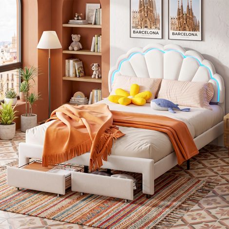 JOOKGBD‑Cama doble 140x200 cm, tapizada en terciopelo blanco, cabecero en forma de pétalos con iluminación LED RGB, 2 cajones de almacenamiento en los pies, somier de listones (1/5)